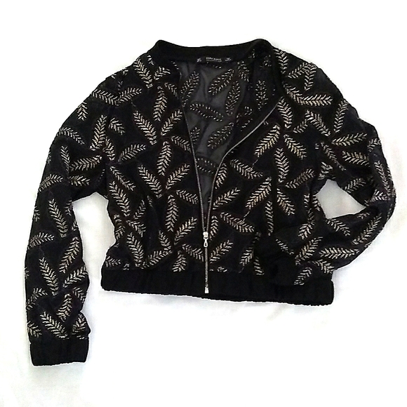 Zara Embroidered Leaf Semi-Sheer Lightweight Bomber Jacket - Picture 10 of 14